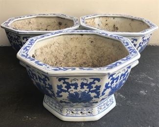 3 Matching Blue White Outdoor Pots