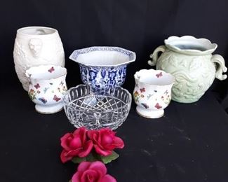 Pottery flower pots, Galway bowl, Italian roses