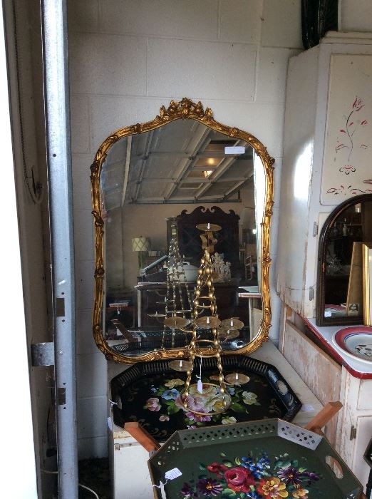 Gilded mirror (sold) and tole trays