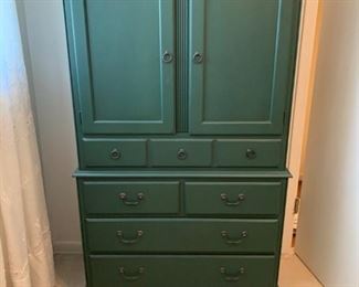 #47		Green Ethan Allen Tall Storage Chest w/5 drawers & 2 shelves 36x19x62	 $175.00 
