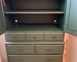 #47		Green Ethan Allen Tall Storage Chest w/5 drawers & 2 shelves 36x19x62	 $175.00 

