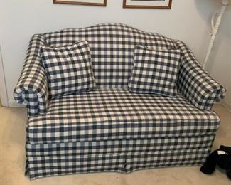 #48		Broyhill Blue/White Hide-a-Bed Loveseat 58"	 $125.00 
