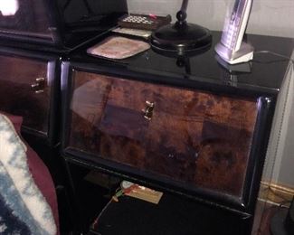 Black lacquer & burl wood night stand