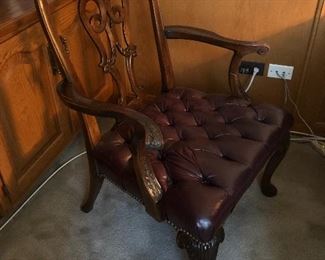 Carved claw foot wooden/leather side chair