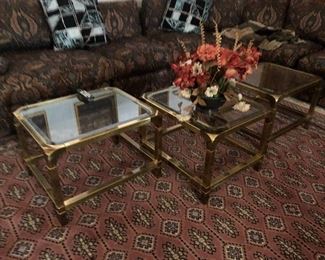 Brass/glass nesting tables; area rug