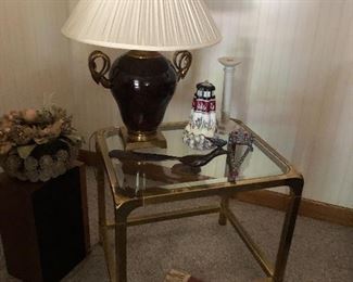Brass/Glass End table; lamp