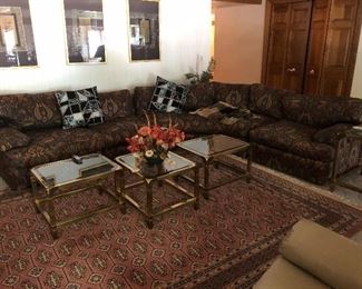 Henredon sectional sofa, area rug, brass/glass tables