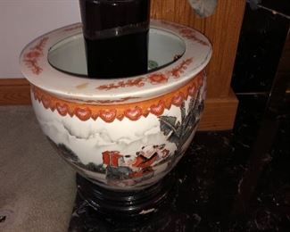 Asian koi fish bowl planter and stand