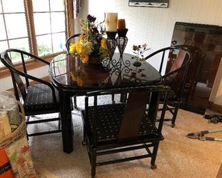 Beautiful burl wood table with black lacquered wood; 2 leaves and 4 club style chairs