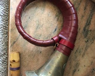 Vintage German Furst-Pless Brass Hunting Bugle horn with Red Leather binding