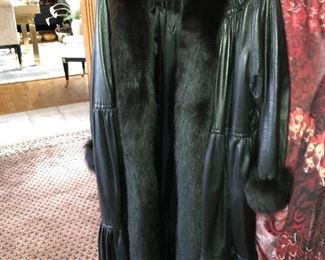 Full length fox collared leather coat