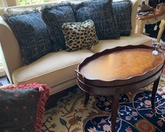 Hickory White Sofa with down cushions 63X37 39H. Maitland Smith hand painted coffee table with removable tray