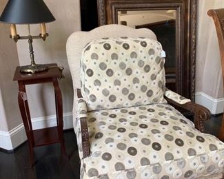 Vanguard Occasional Chair, Antique Lamp, Uttermost mirror