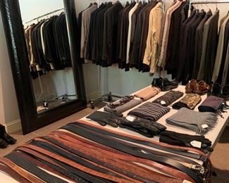 Awesome selection of men's clothing. Many designer labels. Leather belts, crocodile, snake, eel skin, lizard, Gucci, James Reid, Trafalgar.                                                           Hugo Boss, John Varvatos Armani, Banana Republic