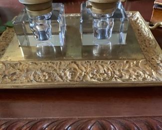 Antique Brass double inkwell