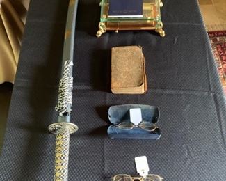 39 inch Samurai Sword, Rare vintage Reuge Sainte Croix Music Box 3 parts Allegro, Romance, Minuet, Antique Eyeglasses