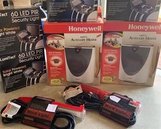 Lumitact security lights, Honeywell space heaters, Craftsman work lights