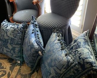 French Heritage (antique reproduction) chair and Cox swivel dressing chair...designer pillows in gorgeous fabric!