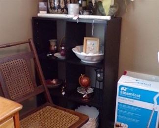 Folding Chair, Bookcase/Display Cabinet, Pottery and misc. items, Steam Mop NIB