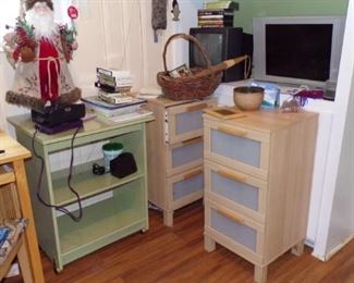 2 shelf Stand, two  small 3 Drawer Chest, misc.