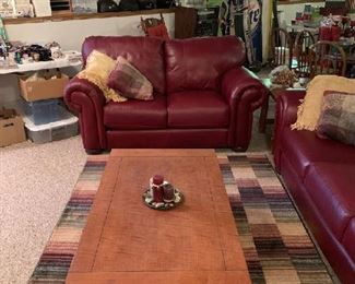 Mission Coffee Table and End Table, Red leather Loveseat and Sofa