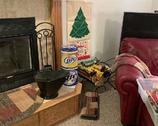 Wrought Iron fireplace set, coal bucket and log holder. Pine Mountain "logs"