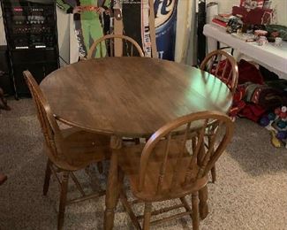 Round wood table and 4 chairs, Stereo and NASCAR life size cutouts