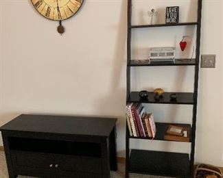 TV Stand, pair of leaning bookcases, large clock