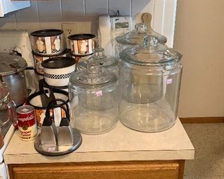 Large Jar canisters, Campbell soup timer, Tupperware containers