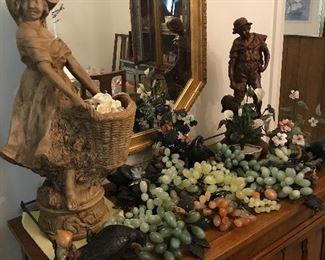 LARGE COLLECTION OF JADE FRUIT, SPELTER FIGURE OF BOY WITH DOG, SEVERAL BLACK METAL RAVENS, NICE OCTAGON MIRROR, SMALL SERVER WITH BRASS RAIL