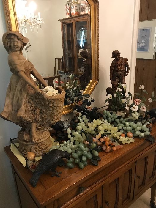 LARGE COLLECTION OF JADE FRUIT, SPELTER FIGURE OF BOY WITH DOG, SEVERAL BLACK METAL RAVENS,  NICE OCTAGON MIRROR, SMALL SERVER WITH BRASS RAIL