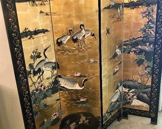 BEAUTIFUL 4 PANEL ORIENTAL SCREEN. ORIENTAL STAND