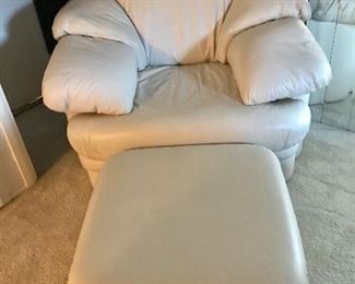 GLENN FURNITURE CO. OFF WHITE LEATHER CHAIR AND OTTOMAN