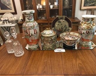ROSE MEDALLION COLLECTION, THE TALL VASES ARE CHINESE EXPORT, TWO WATERFORD DECANTERS