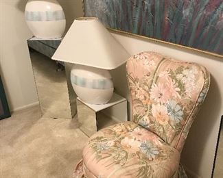 MATCHING BOUDOIR CHAIR, TWO SOUTHWEST LAMPS ON LIGHTED MIRROR PEDESTALS.