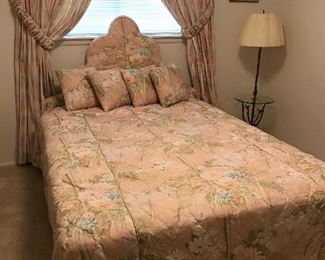 UPHOLSTERED BED, PILLOWS AND CURTAINS GREAT FOR A GIRL OR SHE SHED.