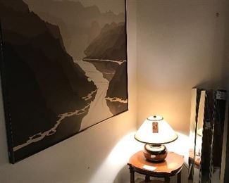 OVERSIZE OIL ON CANVAS FRAMED PICTURE , SMALL SIDE TABLE/ CANE BOTTOM , POTTERY LAMP