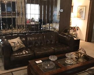 BROWN THREE CUSHION SOFA GREAT FOR OFFICE OR HOME, ORIENTAL STYLE COFFEE TABLE WITH CRYSTAL CIGAR ASH TRAYS