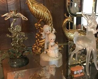 GOLD PEACOCKS, PRECIOUS MOMENTS, FROSTED GLASS REINDEER