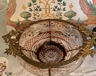 Large American Brilliant brown/clear cut glass centerpiece bowl in brass stand