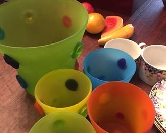 Mexican handblown frosted glass/ice bucket and four glasses