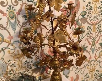 Pair/19th C. Brass wheat/grapes candlelabra