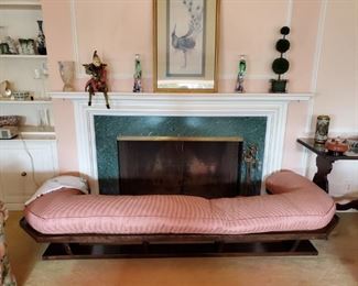 Custom carved wood fireplace surround seat