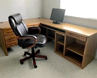 Large wooden desk, office chair 