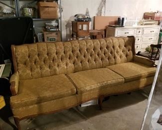 BEAUTIFUL - Large Wood / Golden Floral Fabric Vintage Couch