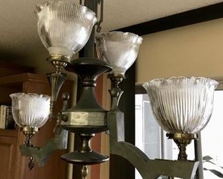 ANTIQUE PEWTER & BRASS CHANDELIER - EARLY 1900'S CONVERTED FROM GAS TO ELECTRIC