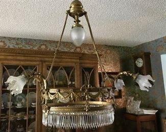1920'S FRENCH EMPIRE - BRASS & CRYSTAL CHANDELIER WITH SWAG MOTIF - 9 LIGHTS