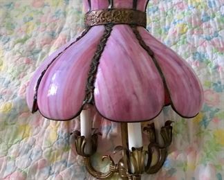 VINTAGE TIFFANY STYLE - PINK SLAG - STAINED GLASS - SWAG CEILING CHANDELIER