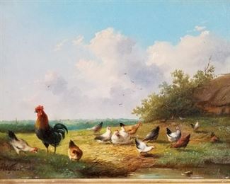 Antique Oil painting by Auguste Coomans "Morning Feed"