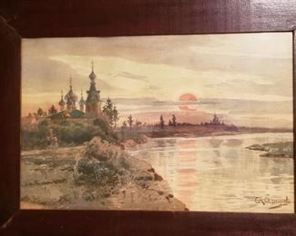Antique Watercolor by Russian Artist S. Khrenov titled "Sunset"